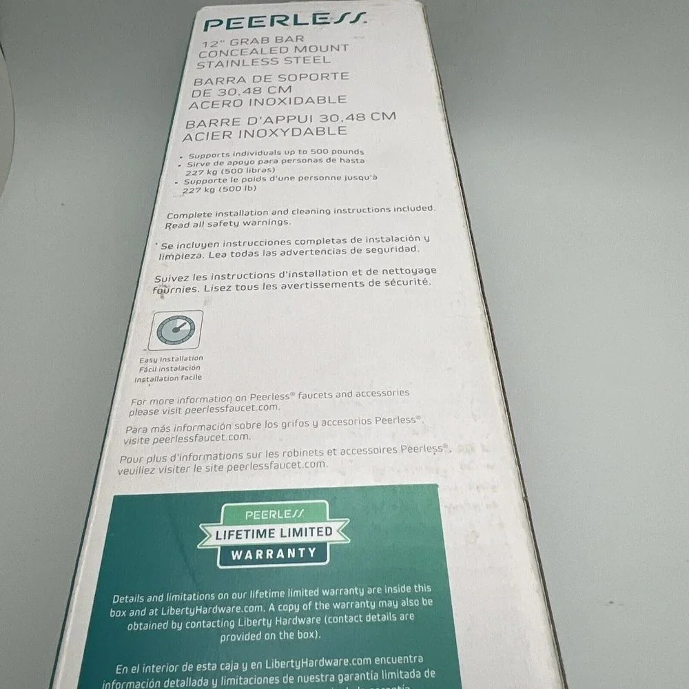 Peerless 12 Inch Grab Bar Concealed Mount Stainless Steel Safety Assistance F1